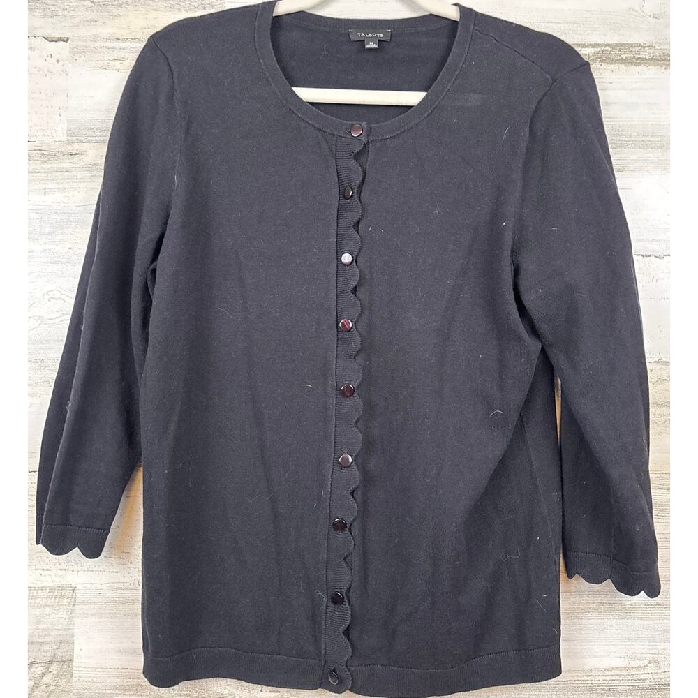 Talbots womens M black Cardigan Sweater Scalloped  Elegant Classic
